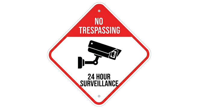 No trespassing sign with security camera on white background