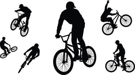 Naklejka premium Silhouette set of BMX riders performing freestyle tricks and jumps isolated on white background for sports design use