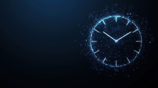 Digital blue clock design with glowing outline and connecting dots against dark background