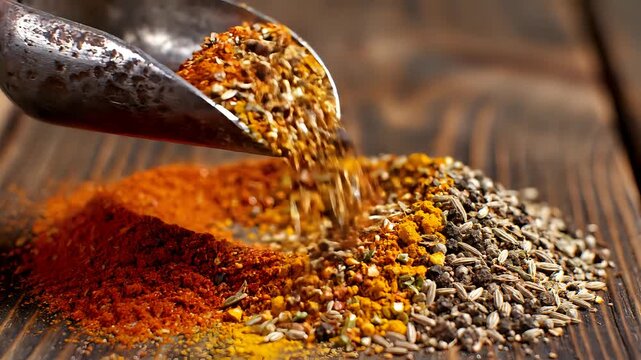 Assortment of Spices Poured From Metal Scoop Onto Wooden Surface.