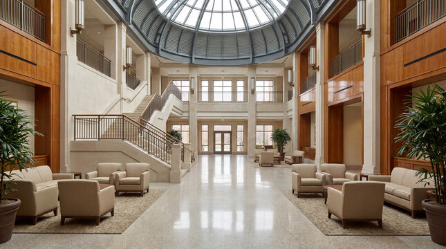 University foyer with elegant glass roof stone stair hall quiet beige seating calm