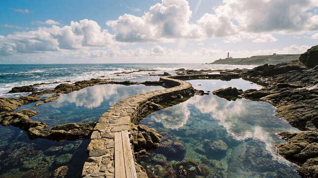 Seashore pathway weaving through tide pools reflections of fluffy clouds gentle breeze calm