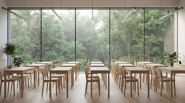 Modern Scandinavian classroom with expansive glass window overlooking lush green nature outdoor view educational design