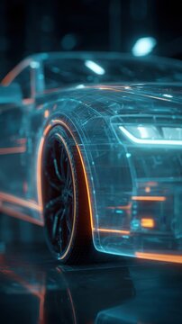 Futuristic digital rendering of a sleek luxury car with glowing neon lines and transparent design showcasing advanced automotive technology and innovation
