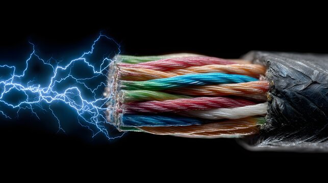 Close-up of a multi-colored electrical cable with lightning bolts, black background.