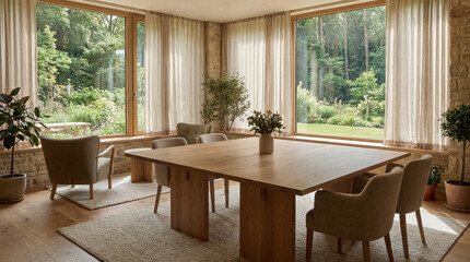 Fototapeta premium Premium classroom with large window overlooking greenery organic tones soft shadows calm atmosphere