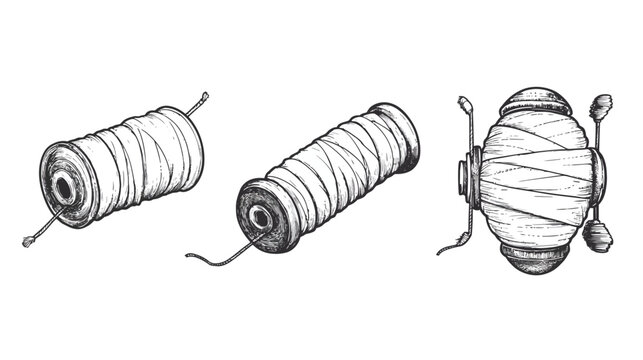 Three detailed illustrations of thread spools in a vintage style, each with a unique design