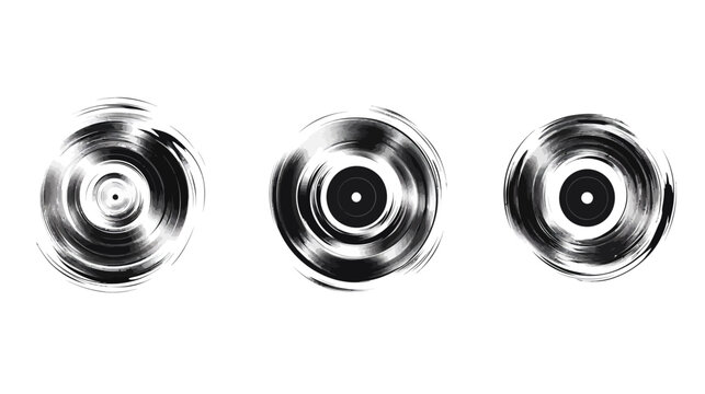 Three black and white graphic illustrations of vinyl records arranged horizontally