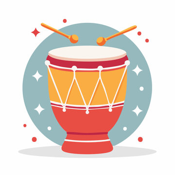 Illustration of a colorful djembe drum with drumsticks