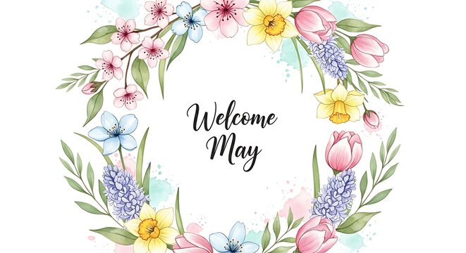hand-drawn floral may wreath with welcome message on white background