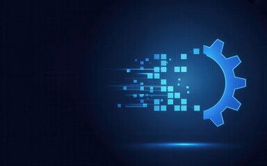 Fototapeta premium Blue glowing gear icon with pixelated squares on dark background for technology concepts