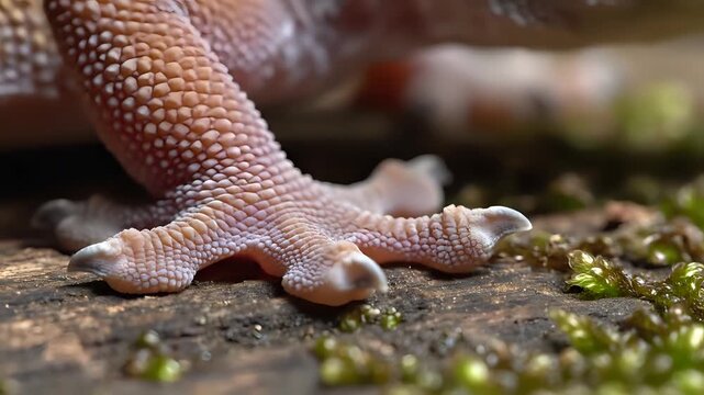 Close up of a geckos foot with detailed texture and mossy ground.