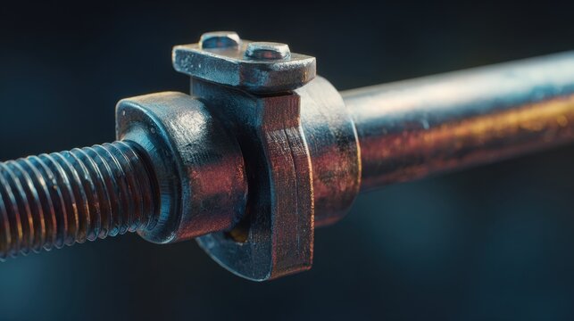 Detailed view of a metal threaded rod and clamp with bolts showing industrial machinery parts against a dark blurred background for mechanical concepts