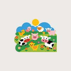 Naklejka premium Charming farm animals grazing in a vibrant meadow under a bright sun, a delightful illustration of rural life and cheerful countryside scenes.