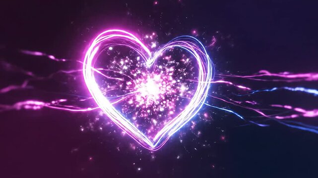 Glowing neon heart with sparkling particles and vibrant purple light trails on dark background
