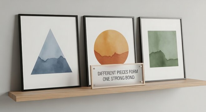 Minimalist Abstract Art Frames on Shelf: Triangle, Sun, Landscape
