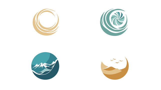 Collection of four different logo designs with circular elements, featuring natural shapes and colors