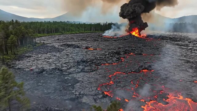Aerial view of volcanic eruption with lava flow and smoke 4k video