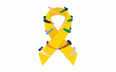 Fototapeta premium A group of diverse people holding hands around a large yellow awareness ribbon on a white background