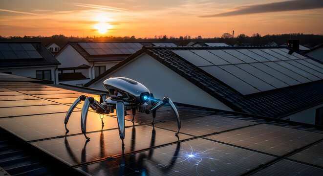 Automated robot inspecting rooftop solar panels at sunset