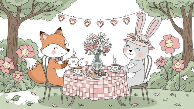 Whimsical cartoon foxes and animals playing in a lush forest background Vector