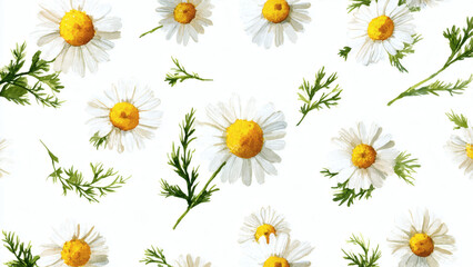 Fototapeta premium A serene field of white daisies with yellow centers and green leaves scattered across a lush natural landscape viewed from a gentle aerial perspective on a sunny day with soft warm lighting.