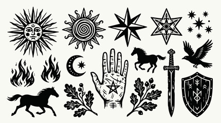 Set of esoteric occult symbols and mystical illustrations.