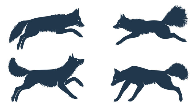 Four silhouettes of canines in action, depicted with detailed fur and dynamic poses on white