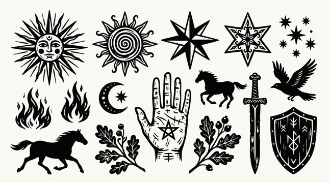 Set of esoteric occult symbols and mystical illustrations.