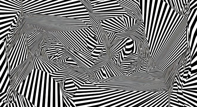 Abstract black and white optical illusion background with distorted geometric stripes