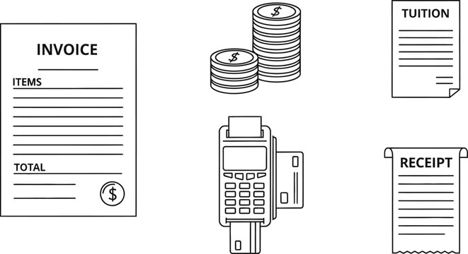 Set of financial icons including invoice tuition receipt payment terminal and money coins.