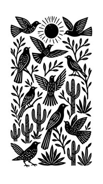 P&aacute;ssaros e Cactos em Xilogravura Vermelha | Arte Folk Brasileira Estilo Cordel