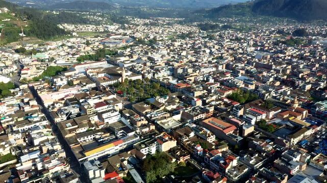 Otavalo, Ecuador: 5-1-2023: aerial view showing the main plaza of the city 