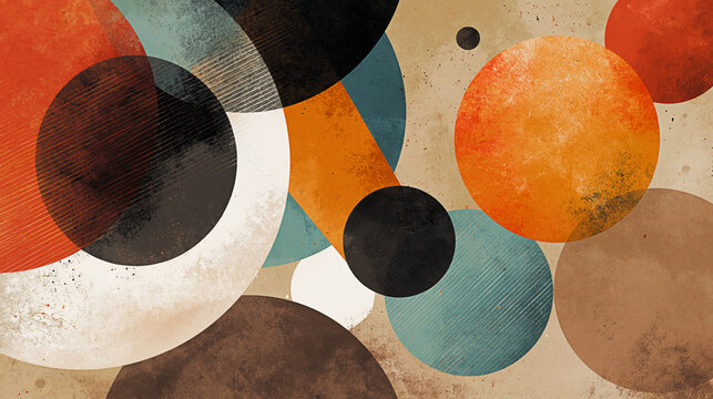 Retro abstract geometric circles overlapping on grunge textured background mid century modern art print design concept warm earthy tones vintage poster