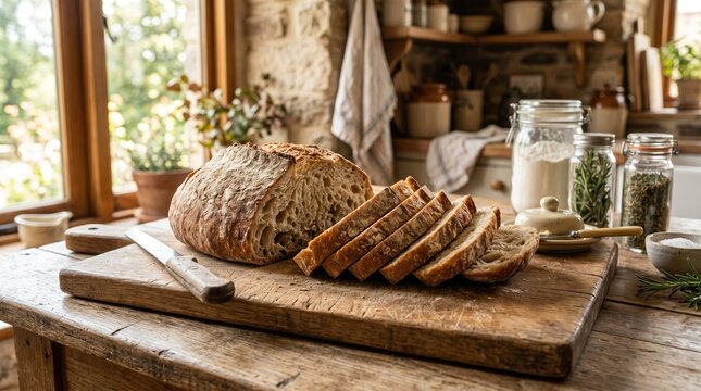 Fresh Sliced Bread Loaf on Wooden Board