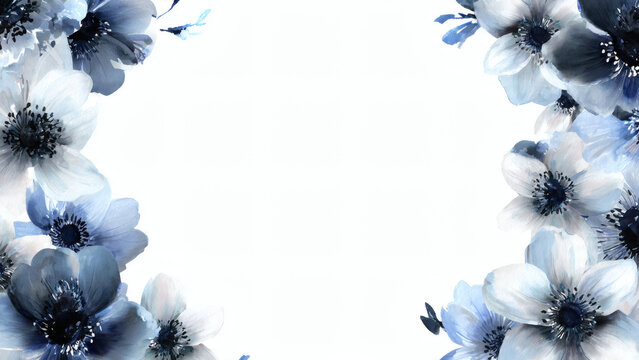 A beautiful floral arrangement of white and blue flowers with dark centers, showcasing various blooms and foliage in a decorative border on a white surface.
