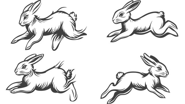 Four stylized illustrations of rabbits in motion, showcasing dynamic poses and intricate detailing
