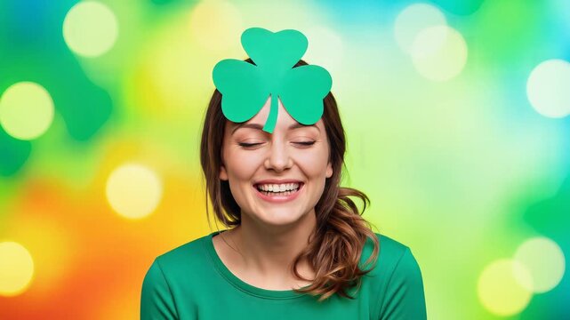 St. Patricks Day Celebration - Joyful Woman with Shamrock Headband.