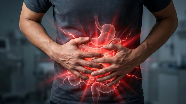 Man suffering from intense stomach pain holding abdomen with red glowing digestive system overlayed in medical concept