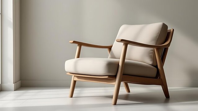 Close up of wooden armchair with soft beige cushion in minimalist interior style, showcasing natural texture and modern Scandinavian design aesthetic
