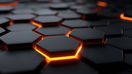 Obraz premium Black hexagonal texture with glowing orange seams, abstract 3d background