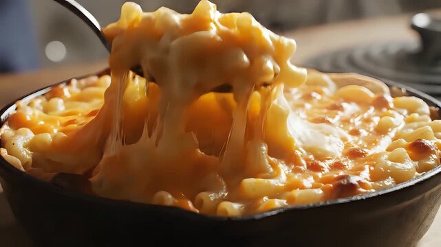 Delicious baked macaroni and cheese being served from a cast iron skillet.