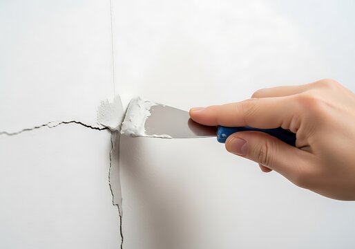 Hand repairing a crack in a white wall using a putty knife and filler