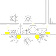 Fototapeta premium Geometric Diwali Lights and Decorative Elements. Minimalist Line Art Vector Illustration of Traditional Indian Festival Decoration with Abstract Lamps and Mango Leaves.