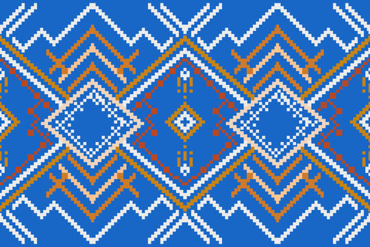 Seamless Pixel Tribal Geometric Pattern in Blue with Ethnic Diamond Ornament