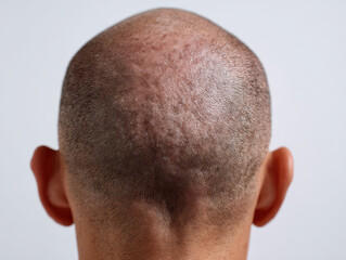 Naklejka premium Scalp bald head back view close up hair loss pattern on male head