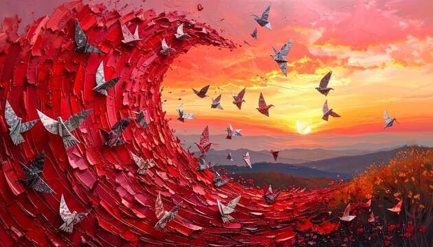 Origami birds take flight as a tsunami of red paint crashes towards a picturesque sunset over rolling hills