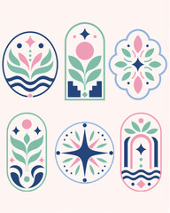 Obraz premium Flat Design Geometric Ornamental Shapes Set with Circles Arches Waves Stars Minimal Decorative Vector Illustration