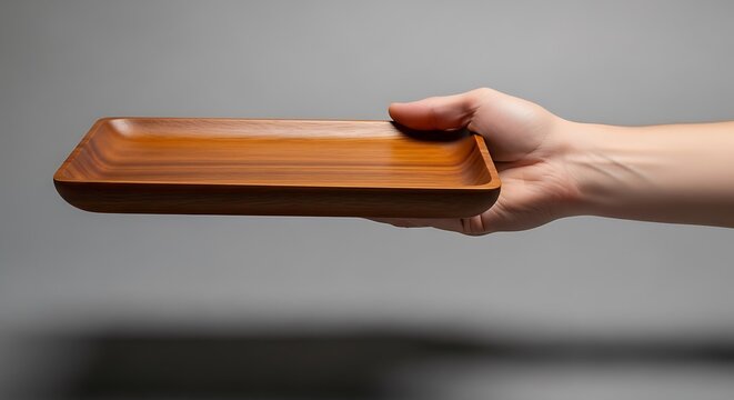 Male hand presenting an empty wooden serving tray against a gray background