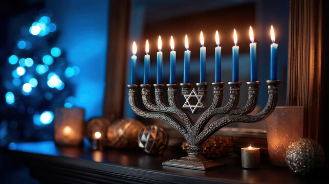 Candlelit menorah on mantel with blue light and holiday decor